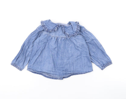 Denim & Co. Girls Blue Cotton Basic Button-Up Size 9-12 Months Collared Button