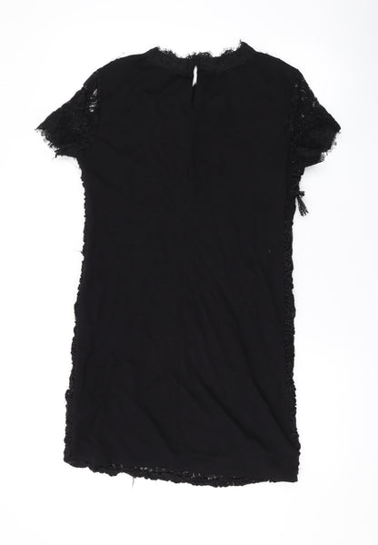 Zara Womens Black Viscose T-Shirt Dress Size M Round Neck Button - Lace
