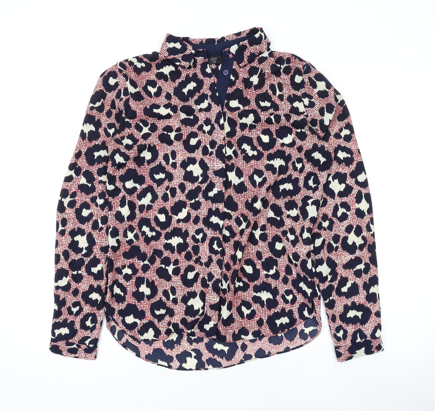 Topshop Womens Red Animal Print Polyester Basic Button-Up Size 10 Collared