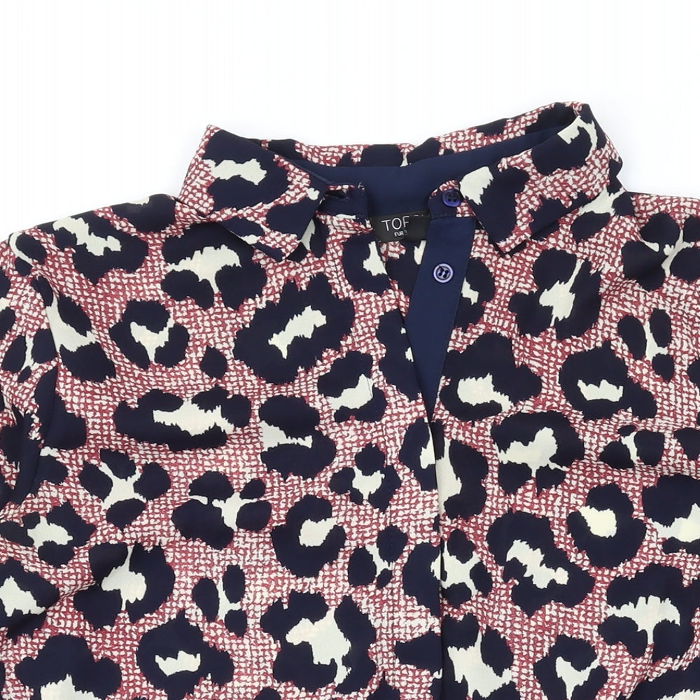 Topshop Womens Red Animal Print Polyester Basic Button-Up Size 10 Collared