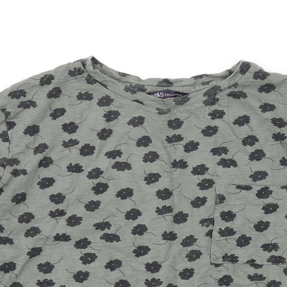Marks and Spencer Womens Green Floral Cotton Basic Blouse Size 8 Round Neck