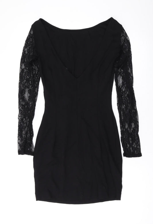 Zara Womens Black Polyester Bodycon Size M Round Neck Pullover - Lace Detail
