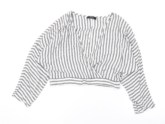 Bershka Womens White Striped Viscose Basic Blouse Size L V-Neck