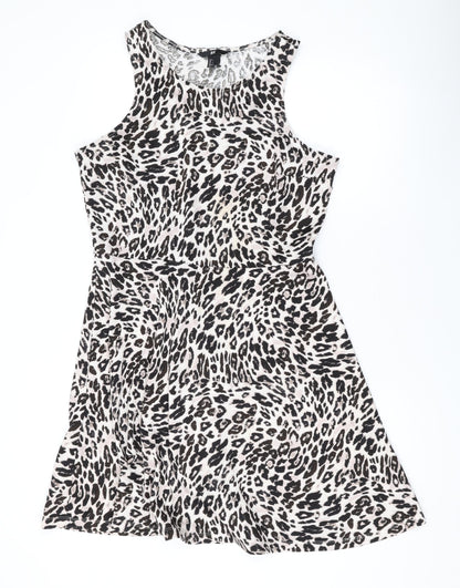 H&M Womens Beige Animal Print Polyester Skater Dress Size L Scoop Neck Pullover