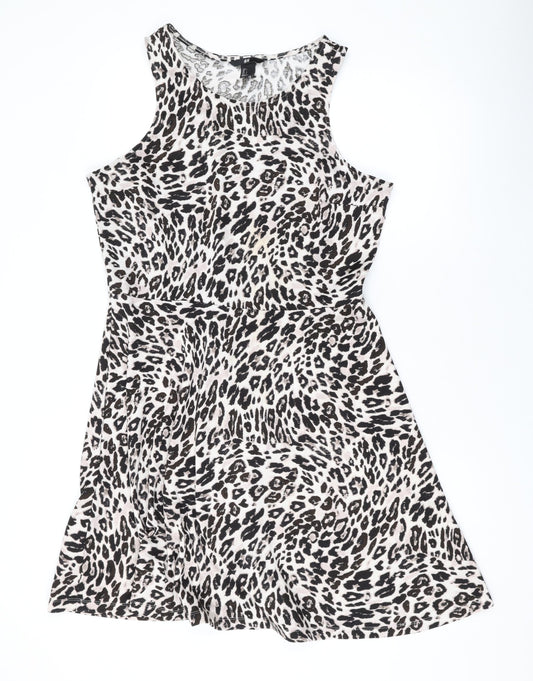 H&M Womens Beige Animal Print Polyester Skater Dress Size L Scoop Neck Pullover