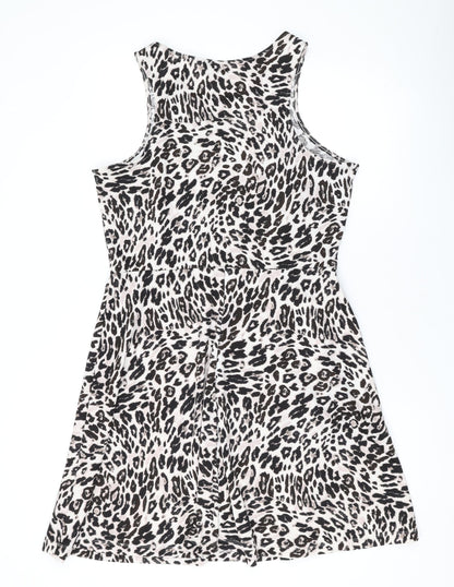 H&M Womens Beige Animal Print Polyester Skater Dress Size L Scoop Neck Pullover