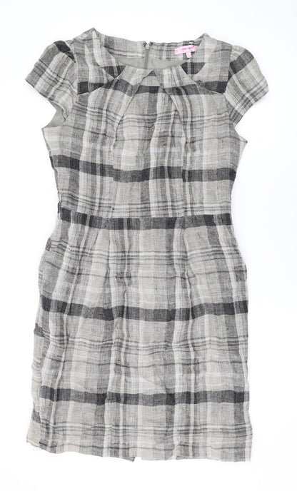 Per Una Womens Brown Plaid Linen Pencil Dress Size 12 Round Neck Zip