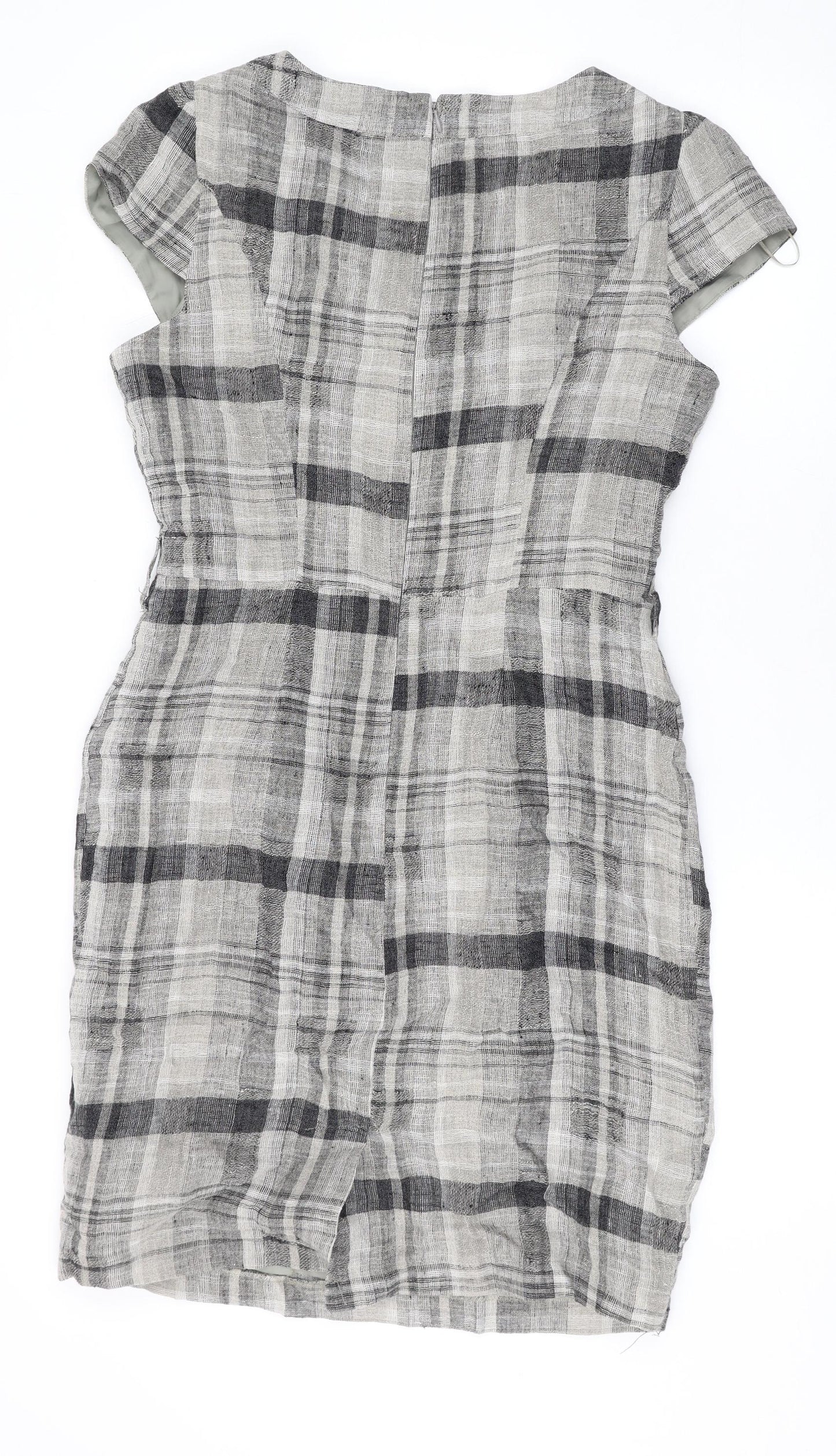 Per Una Womens Brown Plaid Linen Pencil Dress Size 12 Round Neck Zip