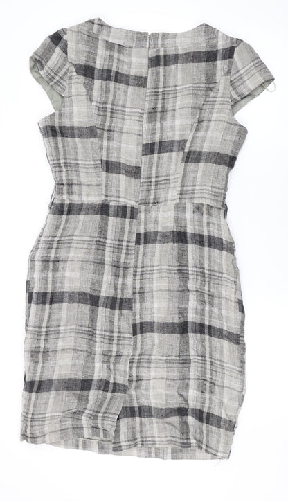 Per Una Womens Brown Plaid Linen Pencil Dress Size 12 Round Neck Zip