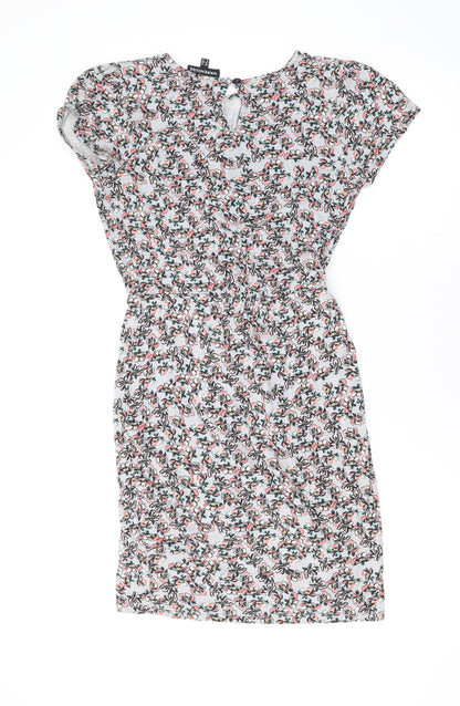 Warehouse Womens Grey Floral Viscose A-Line Size 8 Round Neck Button