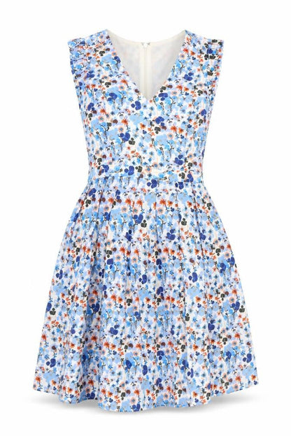 Marks and Spencer Womens Blue Floral Polyester Skater Dress Size 8 V-Neck Zip
