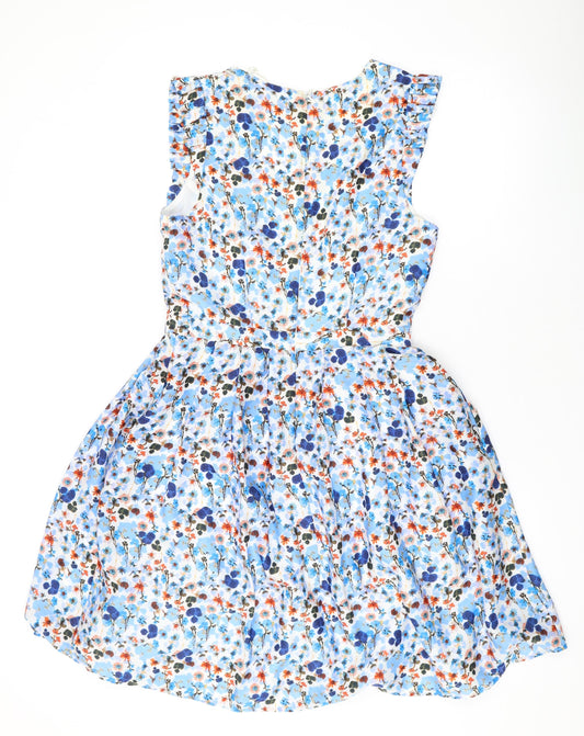 Marks and Spencer Womens Blue Floral Polyester Skater Dress Size 8 V-Neck Zip