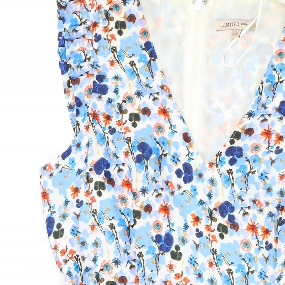 Marks and Spencer Womens Blue Floral Polyester Skater Dress Size 8 V-Neck Zip