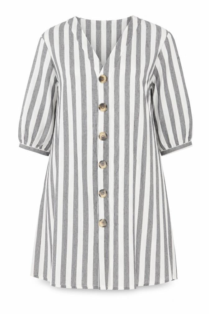 QED London Womens Grey Striped Polyester A-Line Size 10 V-Neck Button