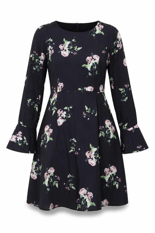 Angeleye Womens Black Floral Polyester A-Line Size 12 Scoop Neck Zip