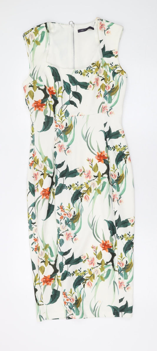 Marks and Spencer Womens White Floral Polyester Bodycon Size 8 Square Neck Zip