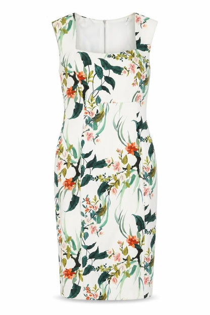 Marks and Spencer Womens White Floral Polyester Bodycon Size 8 Square Neck Zip