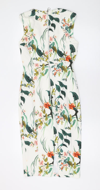 Marks and Spencer Womens White Floral Polyester Bodycon Size 8 Square Neck Zip