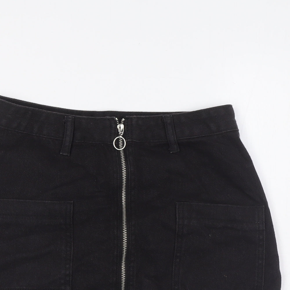 PRETTYLITTLETHING Womens Black Cotton A-Line Skirt Size 6 Zip