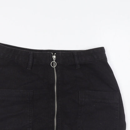 PRETTYLITTLETHING Womens Black Cotton A-Line Skirt Size 6 Zip