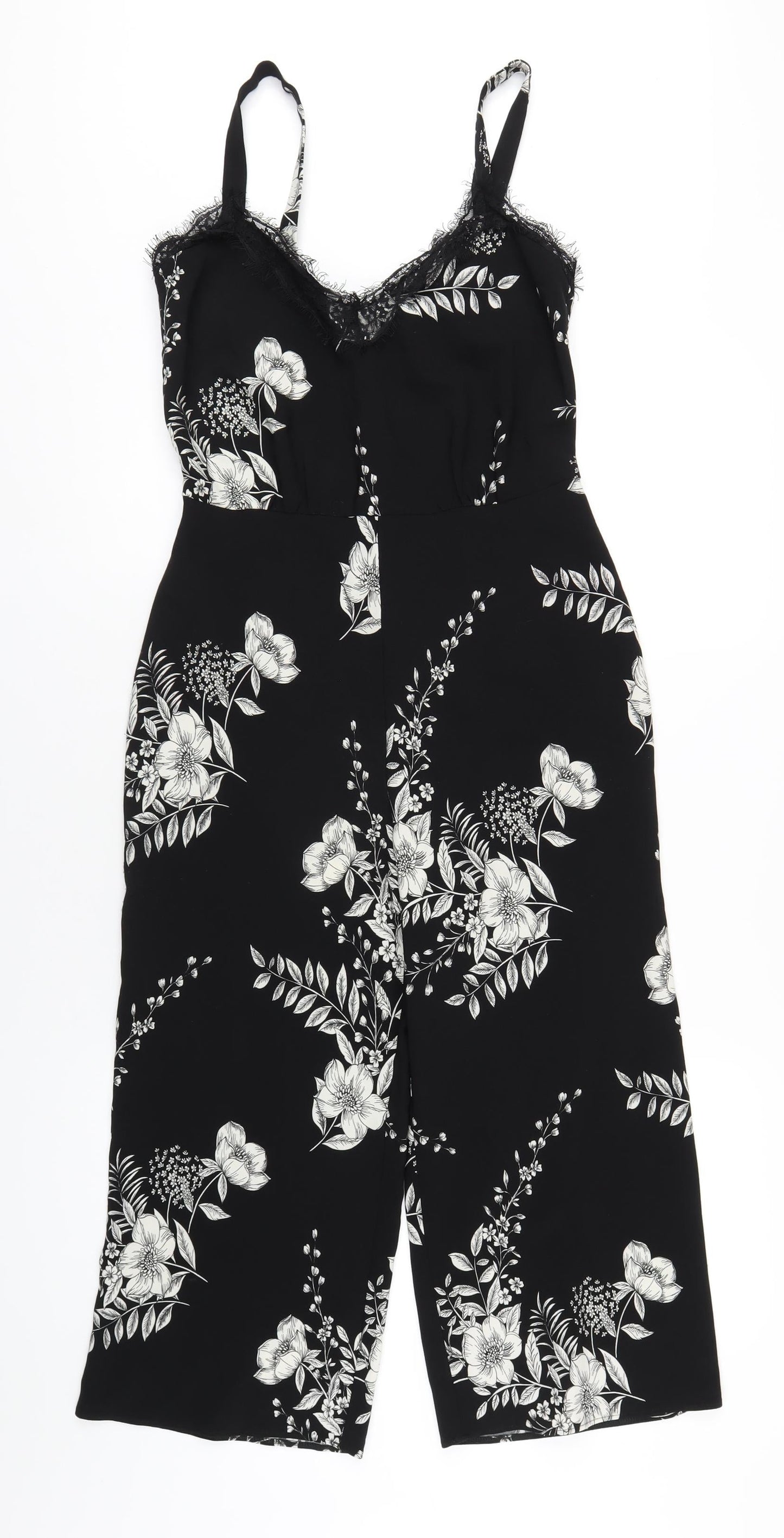 Miss Selfridge Womens Black Floral Polyester Jumpsuit One-Piece Size 10 L21 in Zip