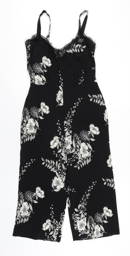 Miss Selfridge Womens Black Floral Polyester Jumpsuit One-Piece Size 10 L21 in Zip