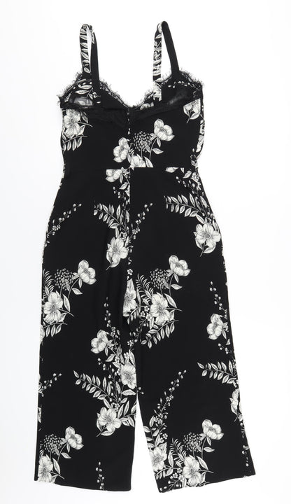 Miss Selfridge Womens Black Floral Polyester Jumpsuit One-Piece Size 10 L21 in Zip