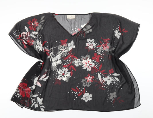 Ann Harvey Womens Black Floral Polyester Basic T-Shirt Size 20 V-Neck