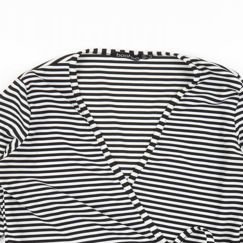 Boohoo Womens Black Striped Polyester Wrap T-Shirt Size 10 V-Neck
