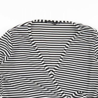 Boohoo Womens Black Striped Polyester Wrap T-Shirt Size 10 V-Neck