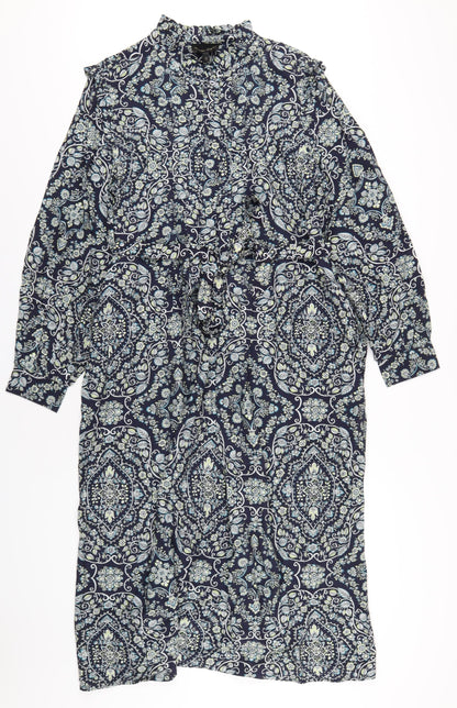 Phase Eight Womens Blue Geometric Viscose A-Line Size 16 Mock Neck Button