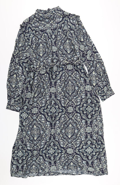 Phase Eight Womens Blue Geometric Viscose A-Line Size 16 Mock Neck Button
