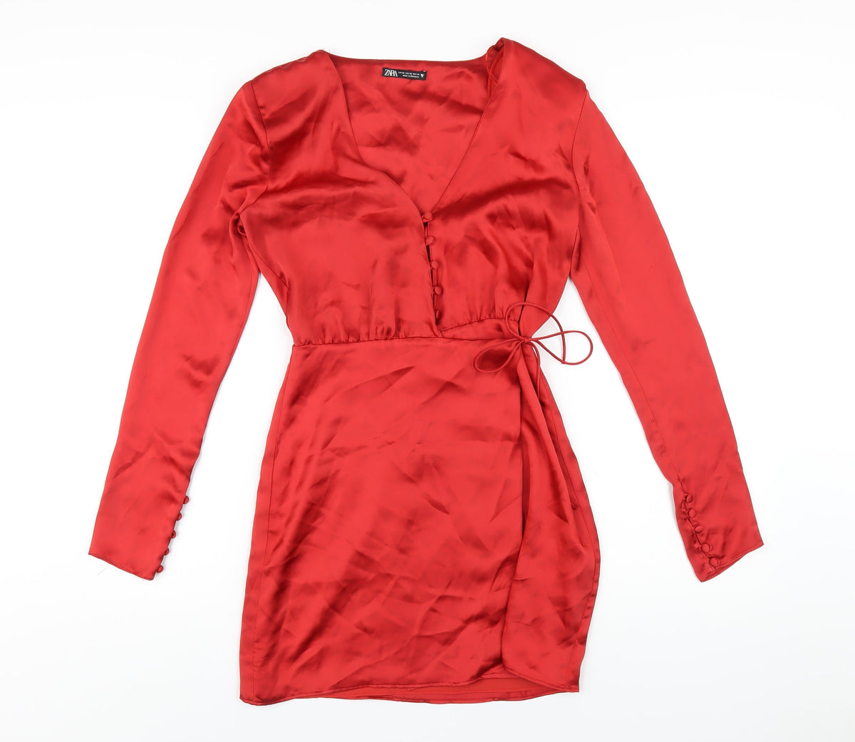 Zara Womens Red Polyester A-Line Size XS V-Neck Button