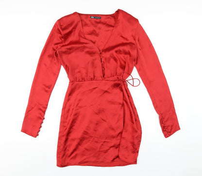 Zara Womens Red Polyester A-Line Size XS V-Neck Button