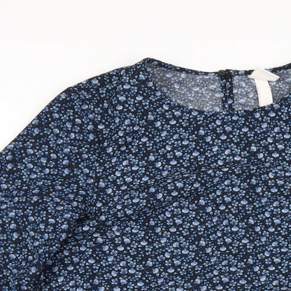 H&M Womens Blue Floral Polyester A-Line Size 8 Round Neck Button