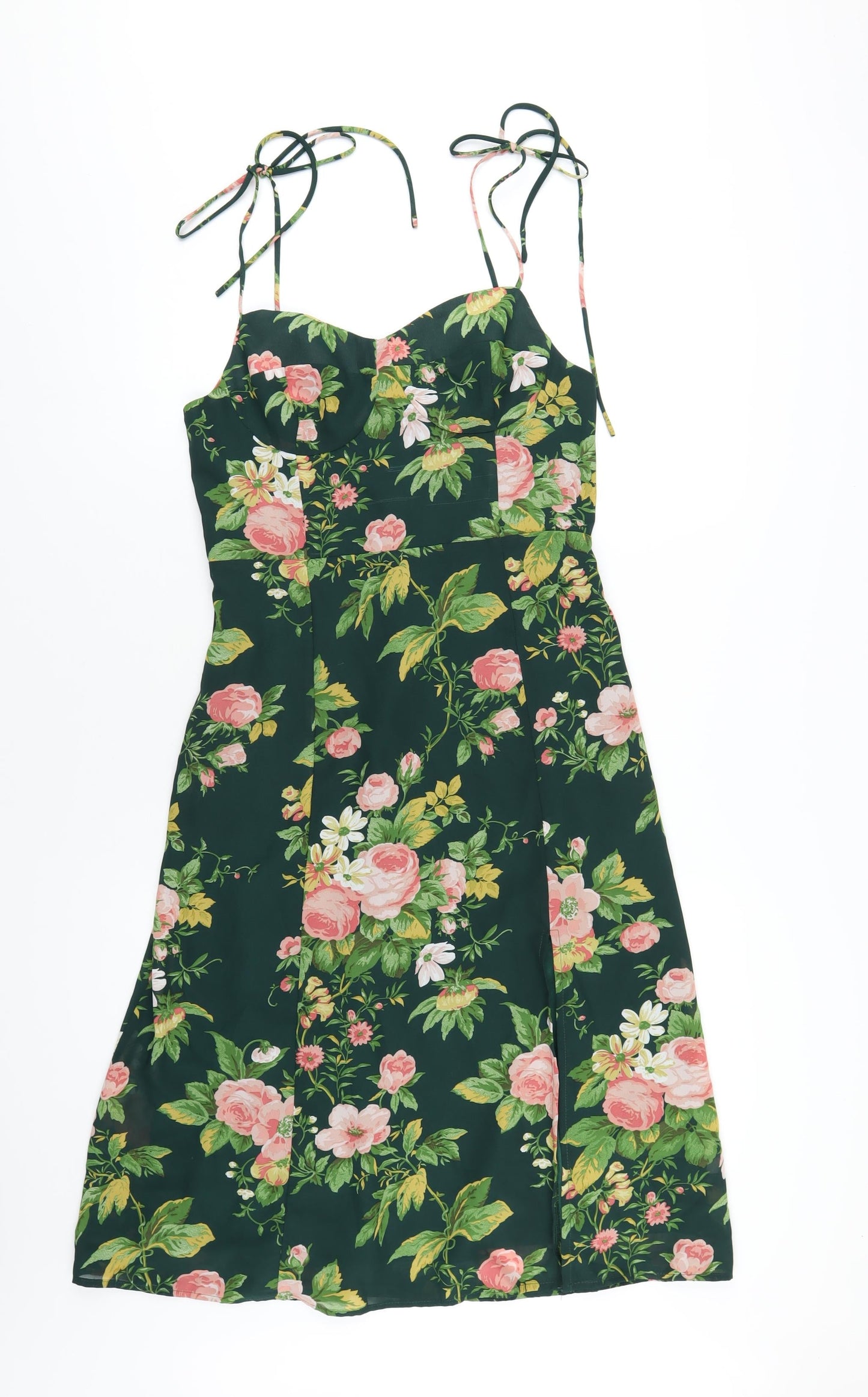 Commense Womens Green Floral Polyester A-Line Size L Sweetheart Zip