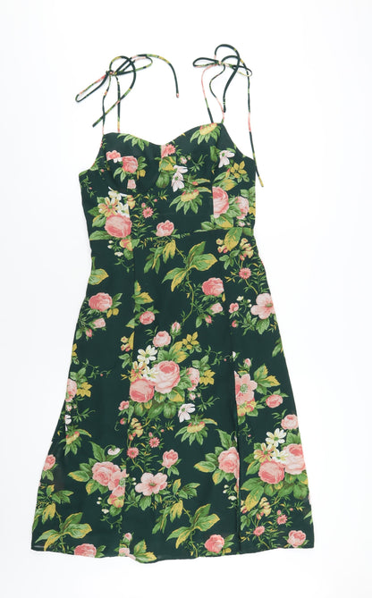 Commense Womens Green Floral Polyester A-Line Size L Sweetheart Zip