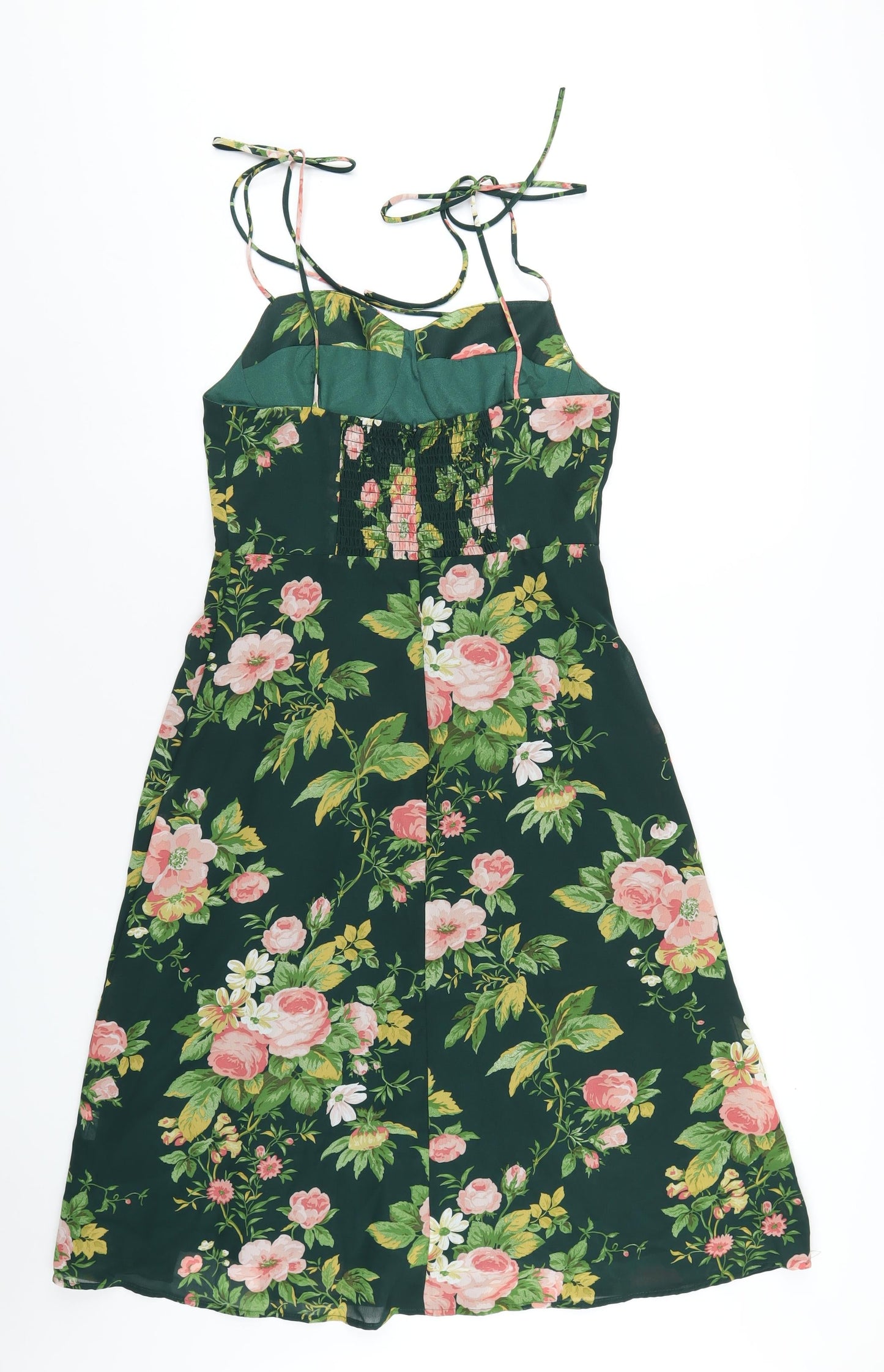 Commense Womens Green Floral Polyester A-Line Size L Sweetheart Zip