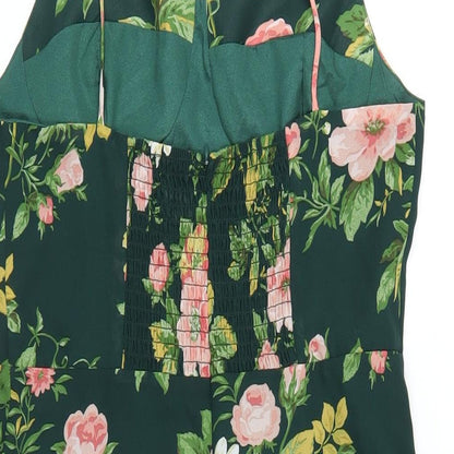 Commense Womens Green Floral Polyester A-Line Size L Sweetheart Zip