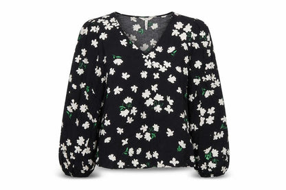 .Object Womens Black Floral Viscose Basic T-Shirt Size 12 V-Neck