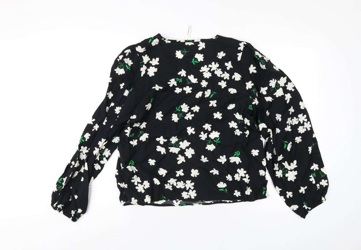 .Object Womens Black Floral Viscose Basic T-Shirt Size 12 V-Neck