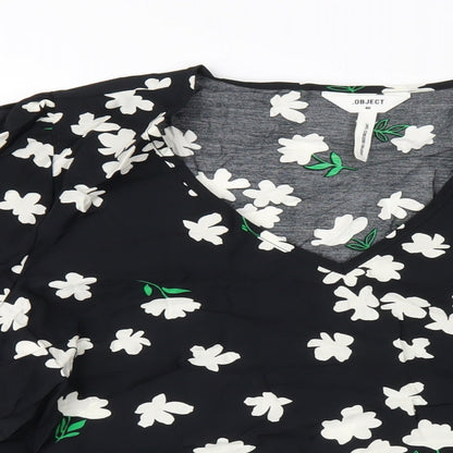 .Object Womens Black Floral Viscose Basic T-Shirt Size 12 V-Neck