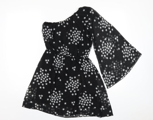 New Look Womens Black Geometric Polyester A-Line Size 8 One Shoulder Pullover