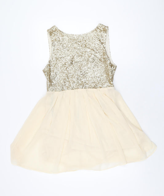 TFNC London Womens Gold Polyester Skater Dress Size L Round Neck Zip