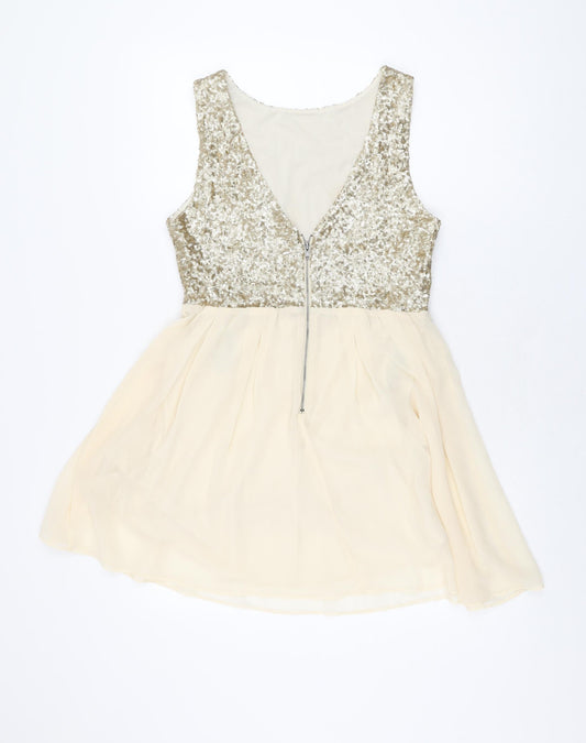 TFNC London Womens Gold Polyester Skater Dress Size L Round Neck Zip