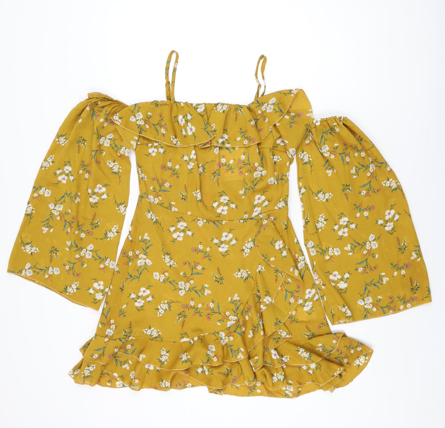 Missguided Womens Yellow Floral Polyester Mini Size 10 Square Neck Zip