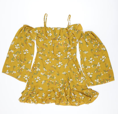 Missguided Womens Yellow Floral Polyester Mini Size 10 Square Neck Zip