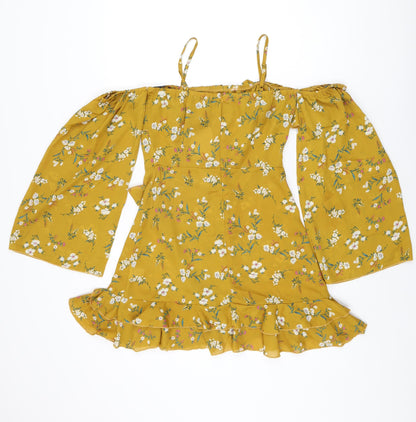 Missguided Womens Yellow Floral Polyester Mini Size 10 Square Neck Zip