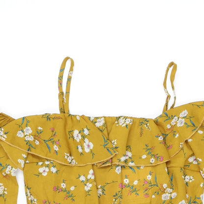 Missguided Womens Yellow Floral Polyester Mini Size 10 Square Neck Zip