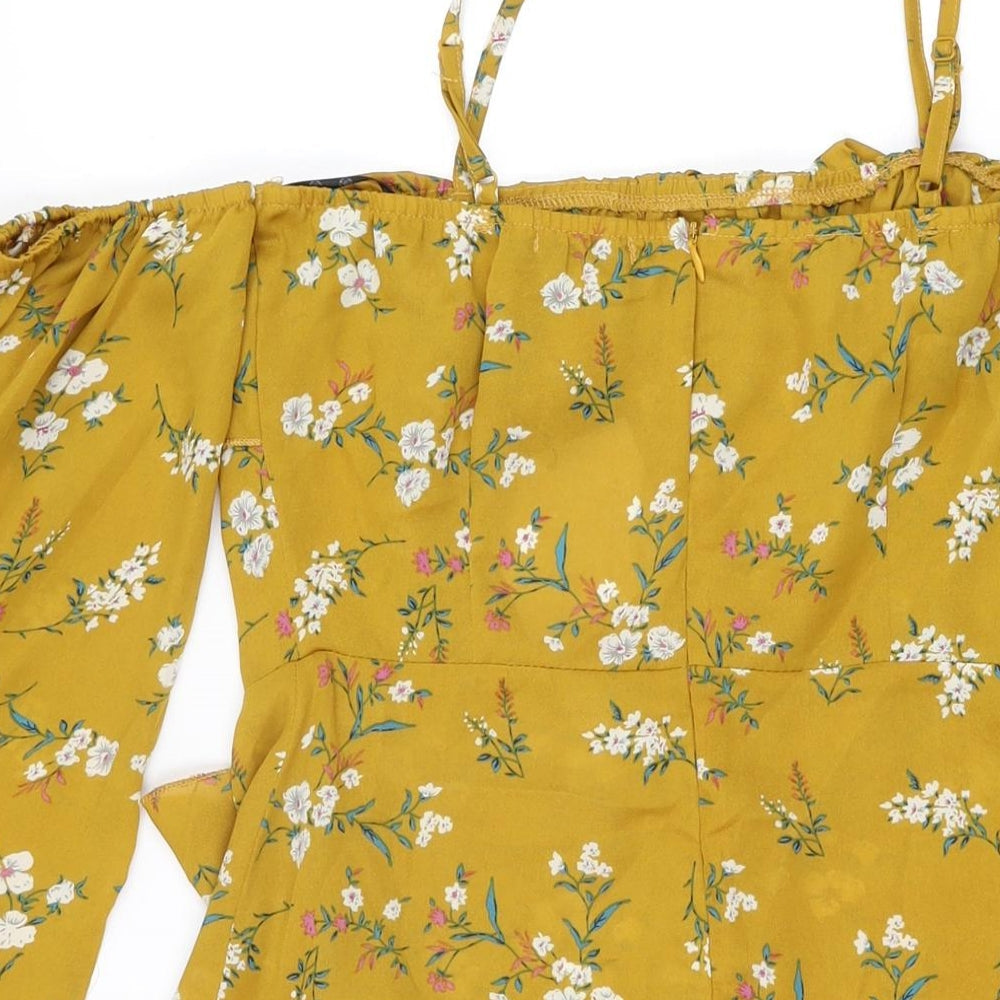 Missguided Womens Yellow Floral Polyester Mini Size 10 Square Neck Zip